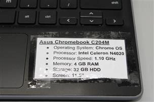 ASUS CHROMEBOOK C204M, INTEL CELERON, 1.10GHZ, 4GB RAM, 32GB HDD, 11.5